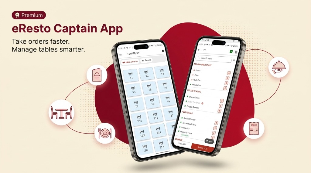 Eresto Captain ordering app showing Table floor layout and item ordering menu side by side