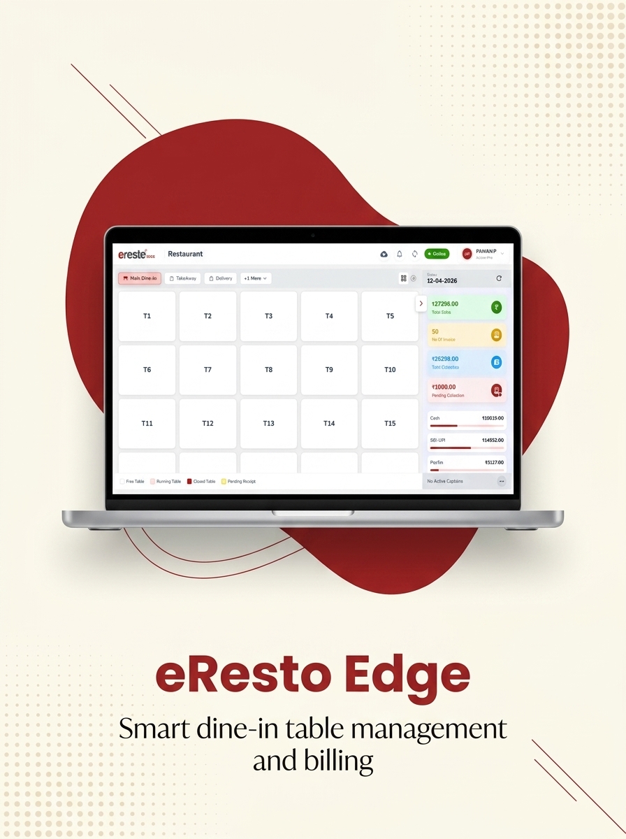 eResto Edge — Smart dine-in table management and billing shown on laptop