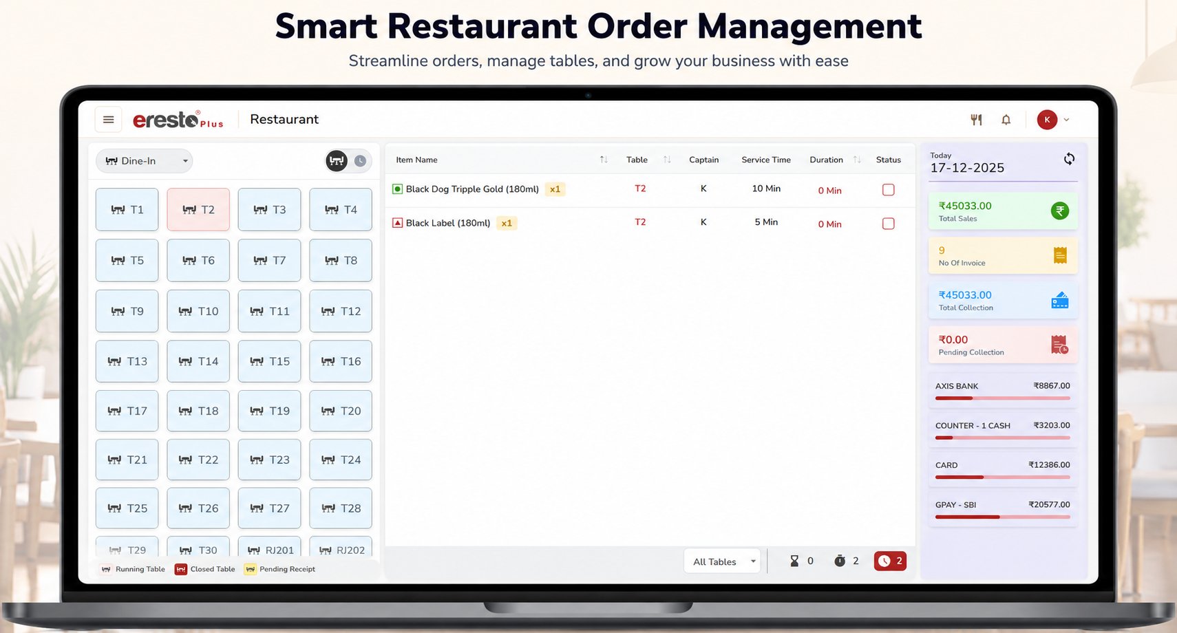 Eresto Plus OMS dashboard — smart restaurant order management on laptop