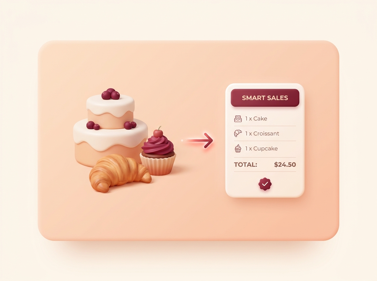 Bakery smart sales — cakes, croissants, cupcakes with order summary and total