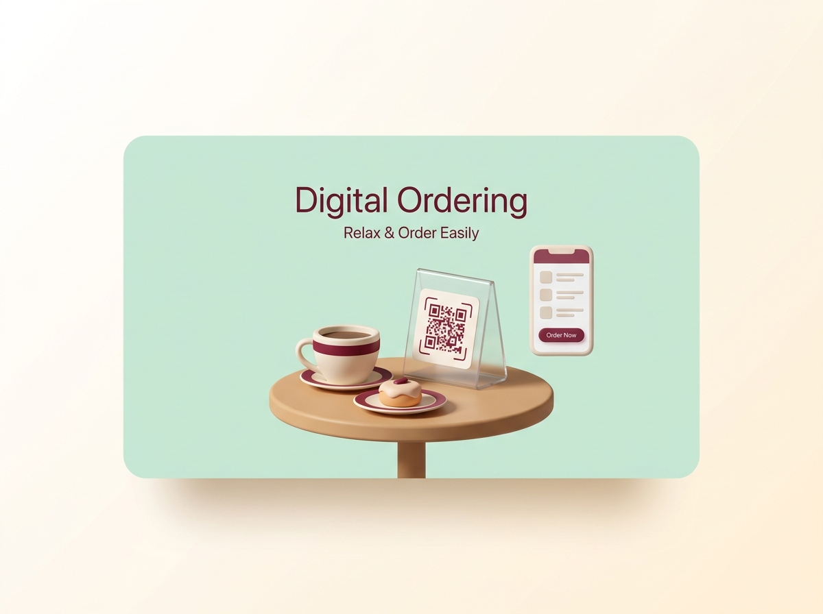 Café digital ordering — QR code menu on table with coffee and pastry