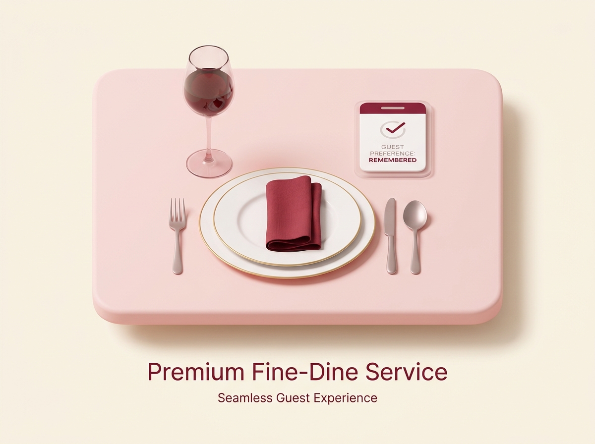 Premium fine-dine service — table setting with wine glass and guest preference card