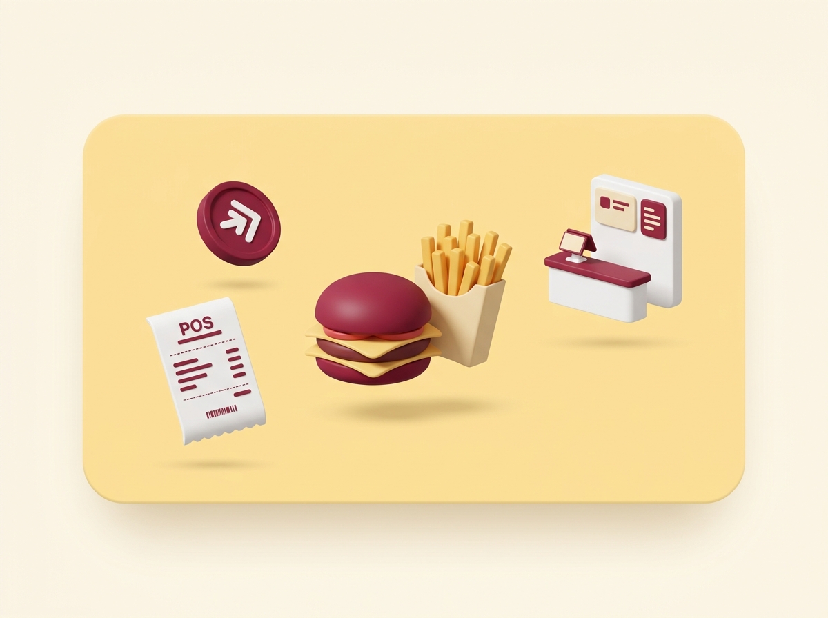 QSR setup — burger, fries, POS terminal and receipt